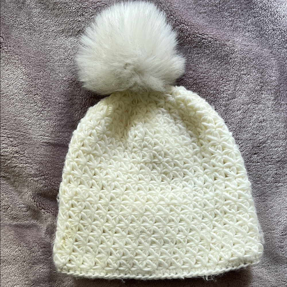 Surell Cream Knit Hat with Fluffy Pom